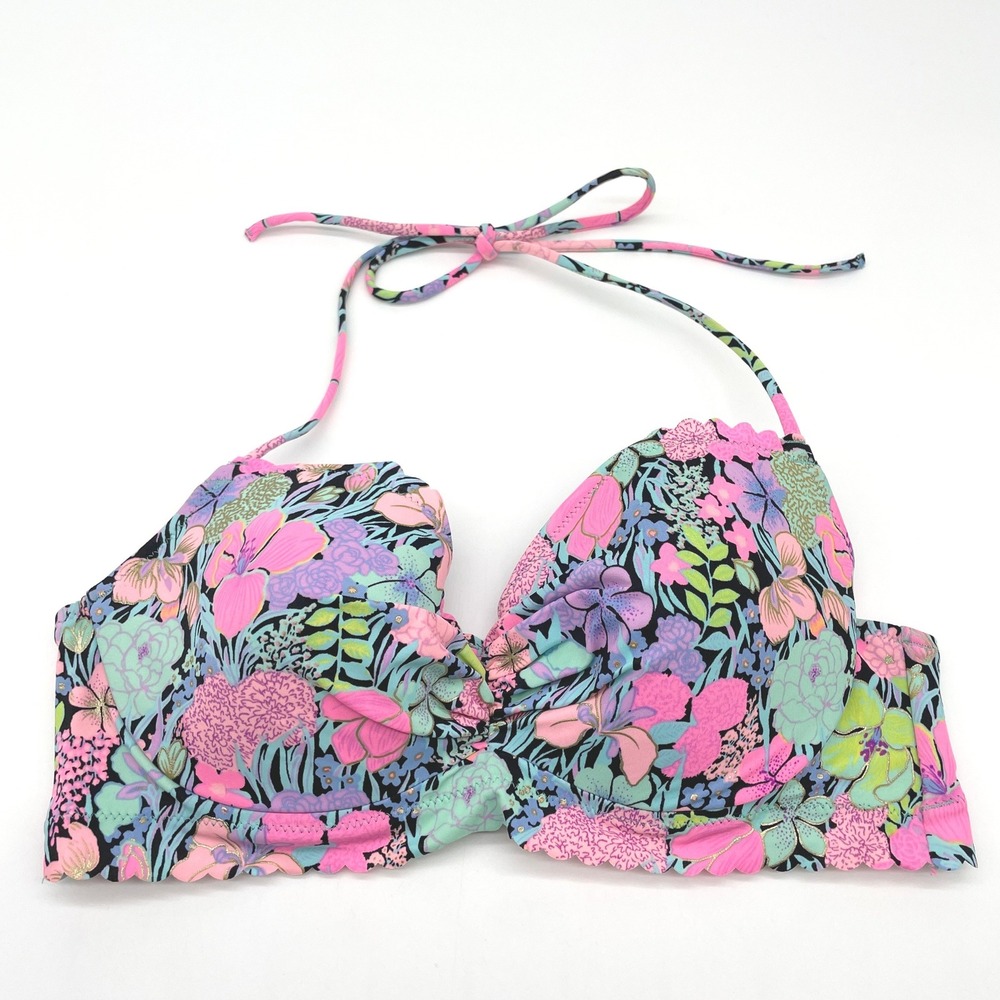 Victoria Secret Floral‎ Bikini Top Women 36B Underwire Halter Tropical Swim
